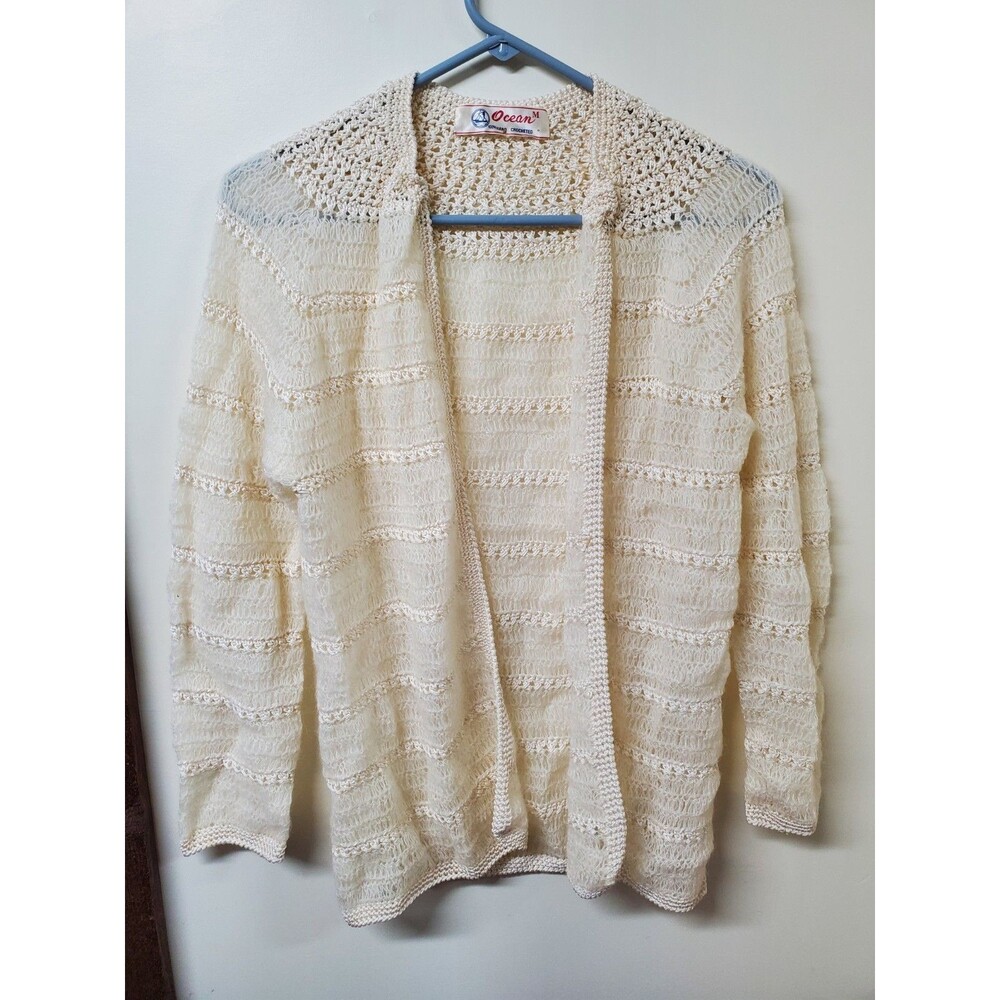 Ocean Brand Open Cardigan Sweater Cream Color Size Medium Hand Crocheted